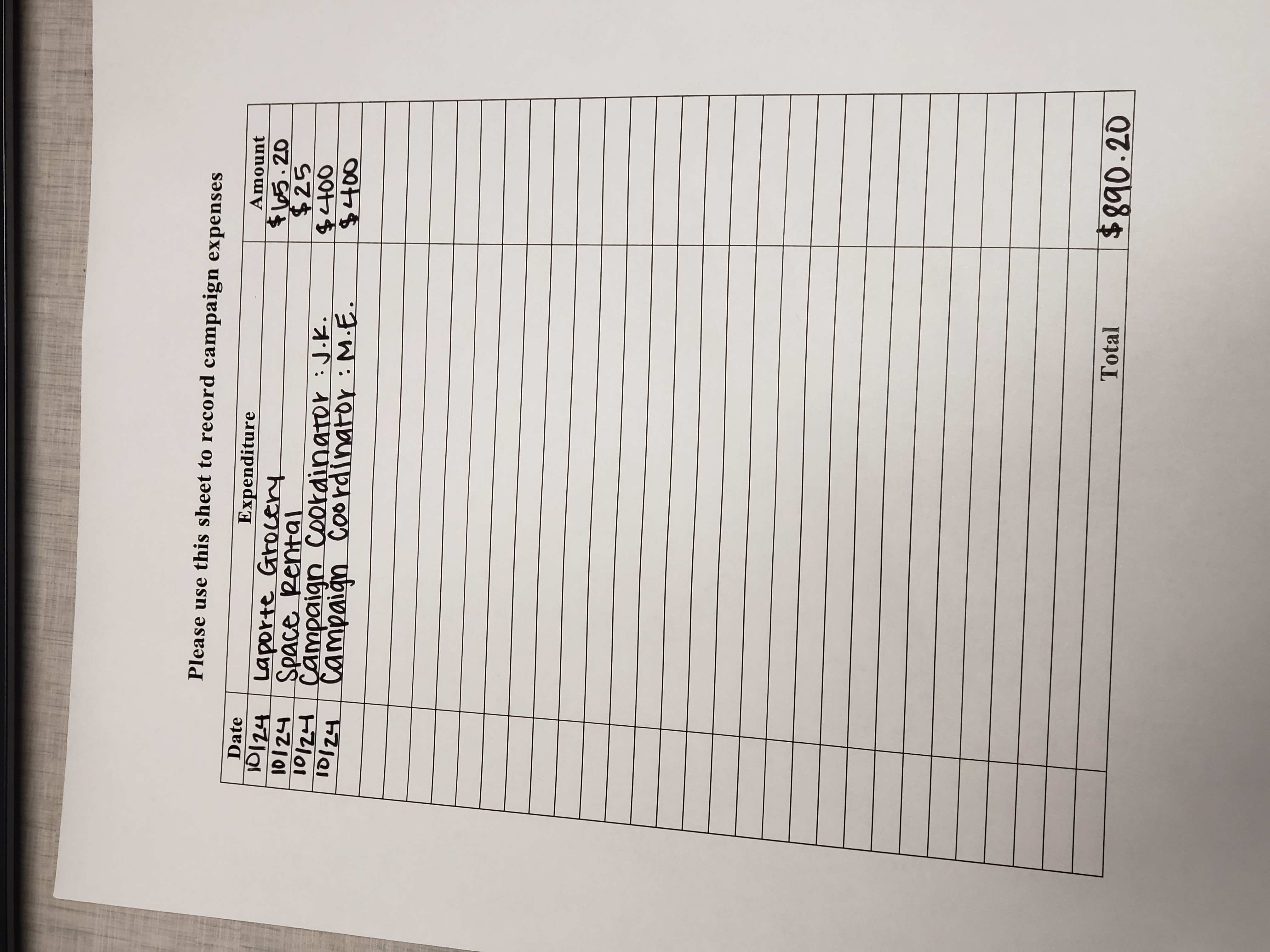 A copy of the Campaign Expenses form